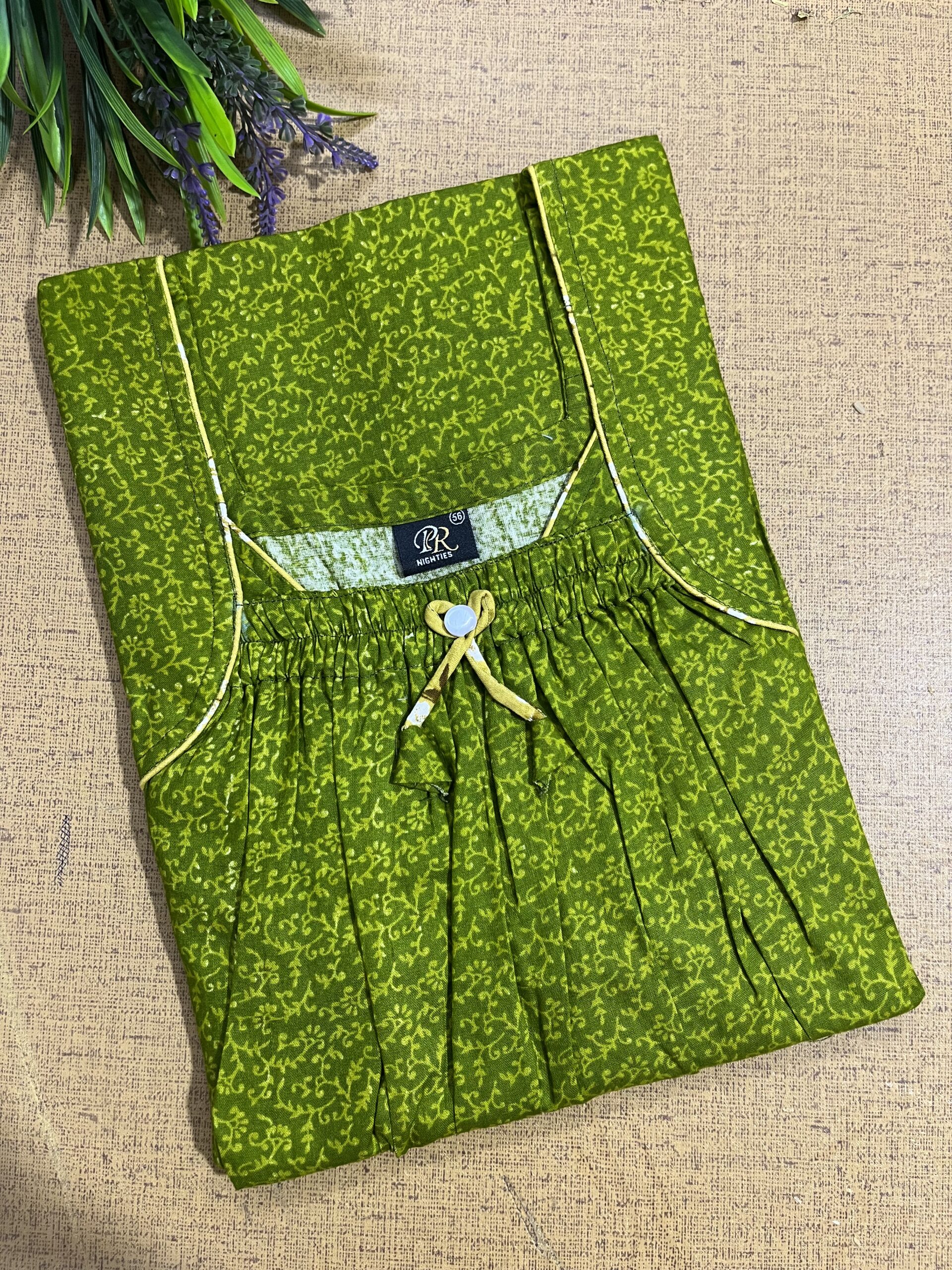Green Printed Premium Cotton Front Elastic Pleated Nighty | Free Size | Chest Width 44″| Length 56″ main image 1