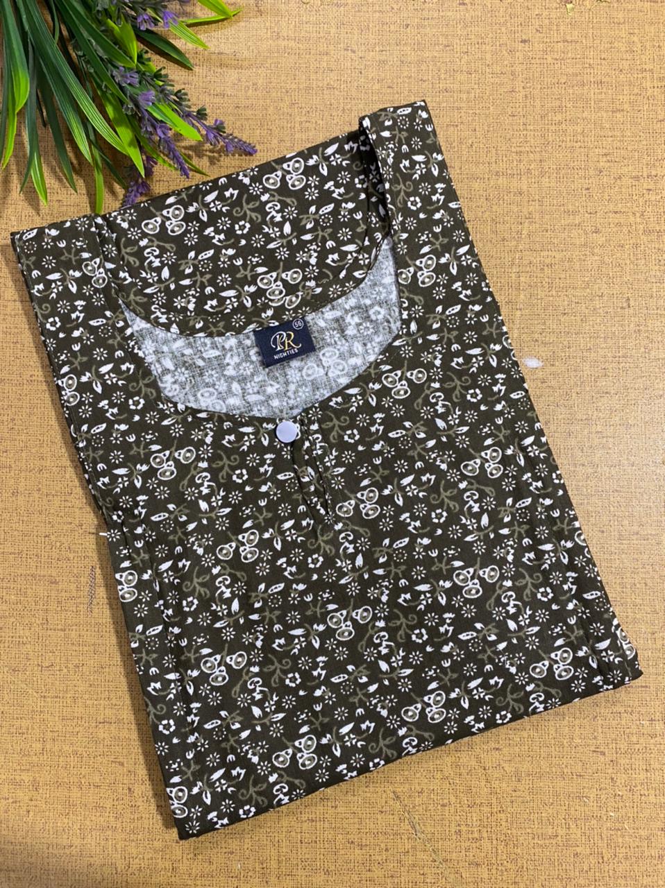 Brown Printed Alfine 60 Inch Length Two Side Vertical Zip Lace Nighty | Free Size | Chest Width 44″ |