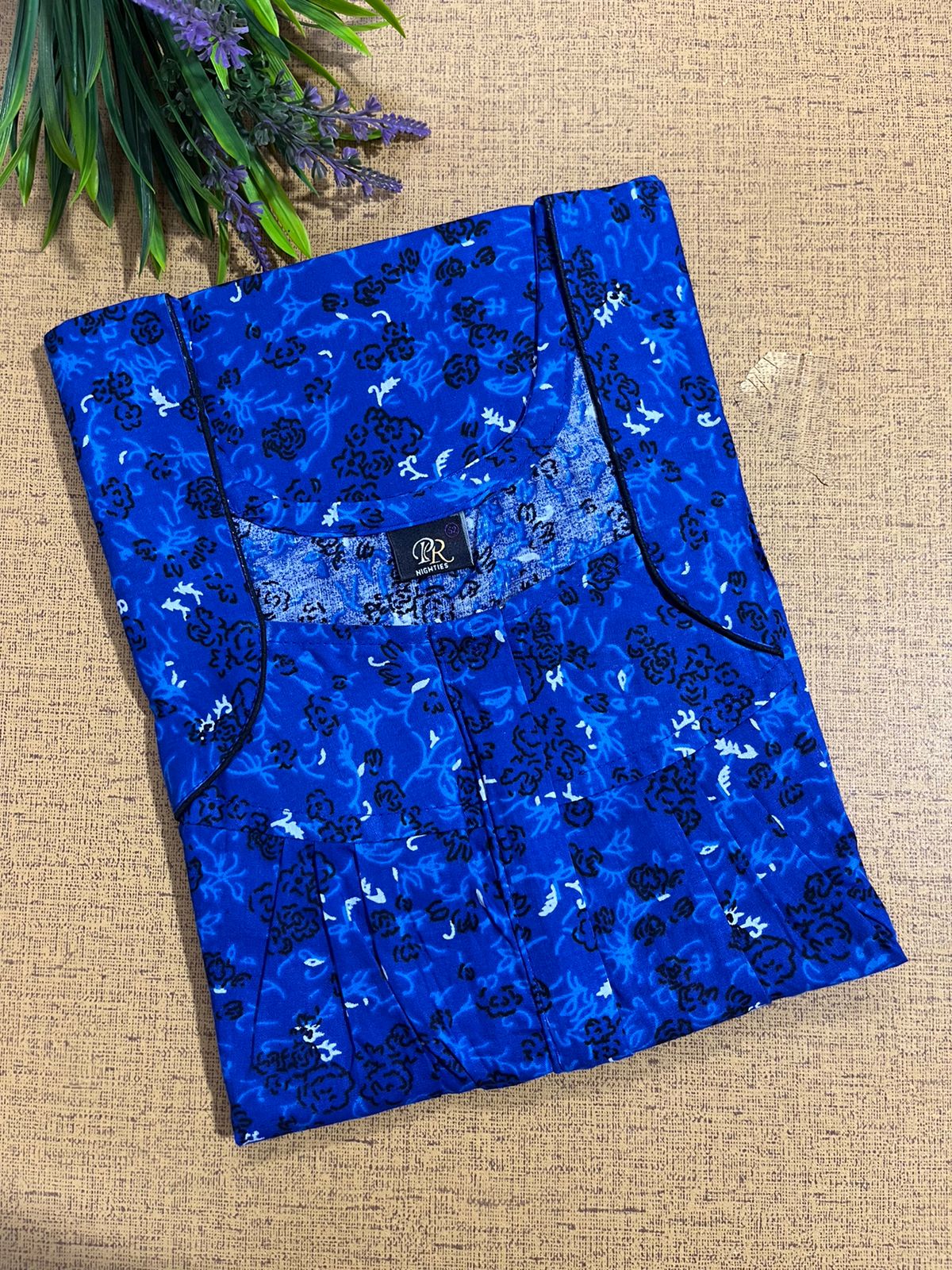 Royal Blue And White Premium Cotton Pleated Zip Nighty | Free Size | Chest Width 44″| Length 54″-55″ main image 0