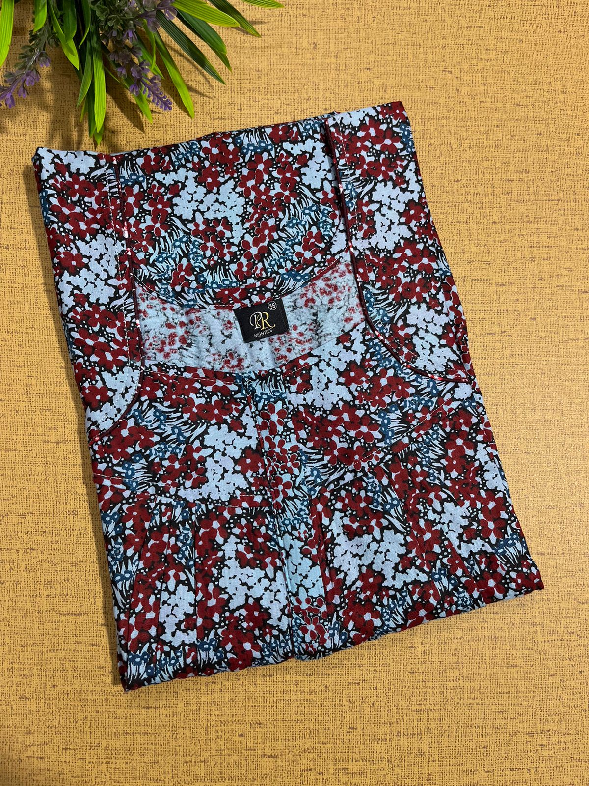 Navy-Blue Printed Gujari Cotton Pleated Zip Nighty | Chest Width 44″ | Length 54″-55″ main image 1