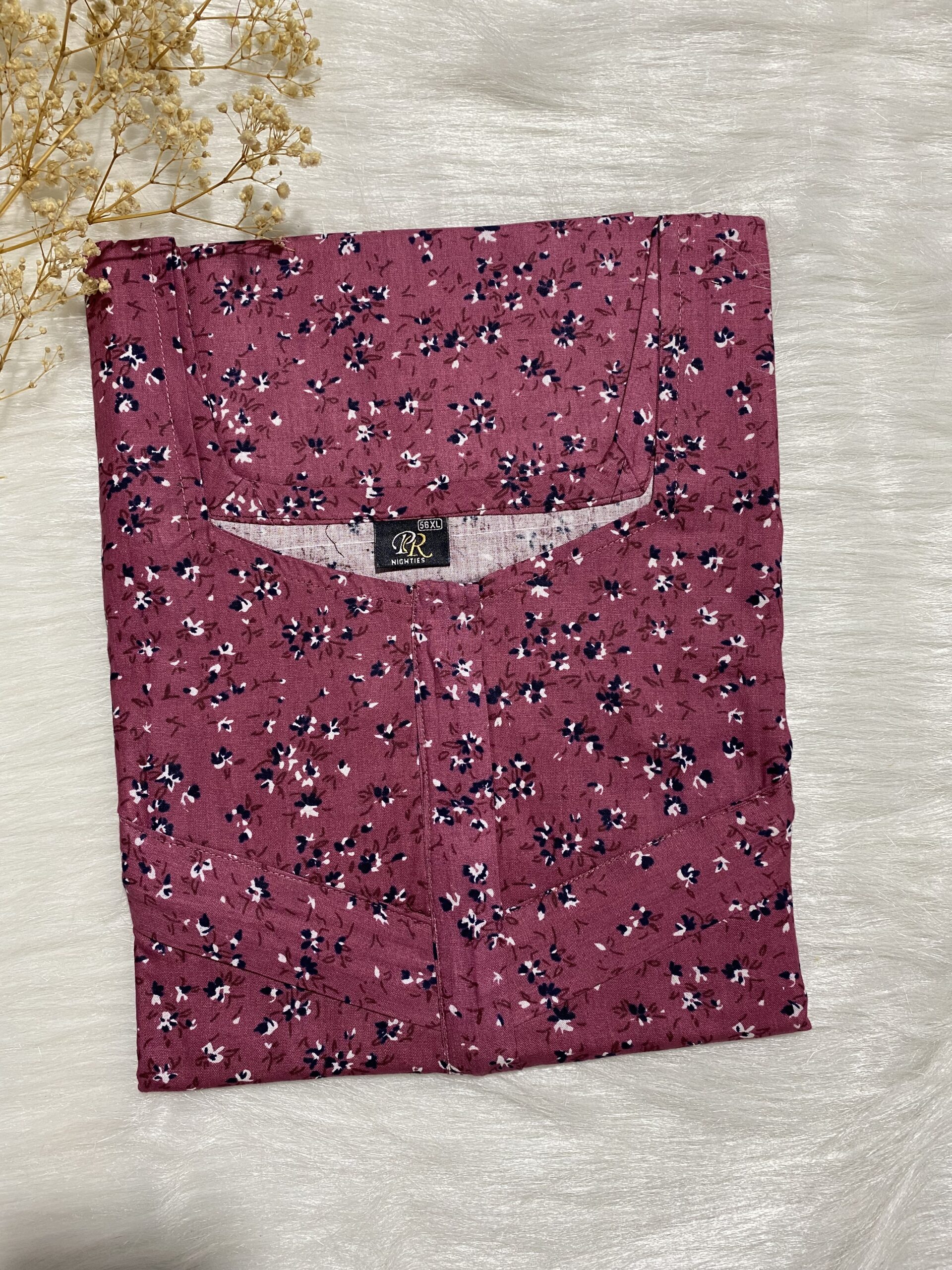 Maroon Printed Premium Cotton Long Zip Lace Feeding Nighty | Free Size | Chest Width 44″| Length 56″ main image 0