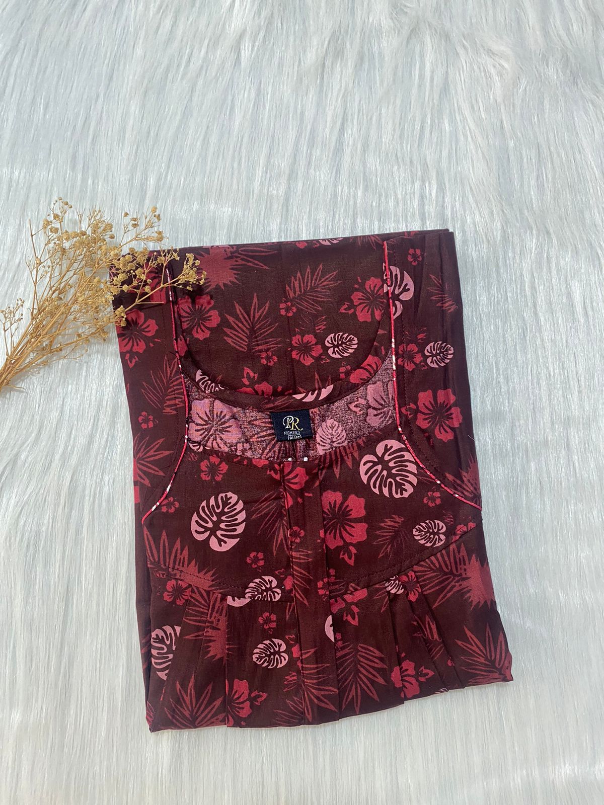Black And Beige  Printed Premium Cotton Lace Nighty | Free Size | Chest Width 44″| Length 54″-56″